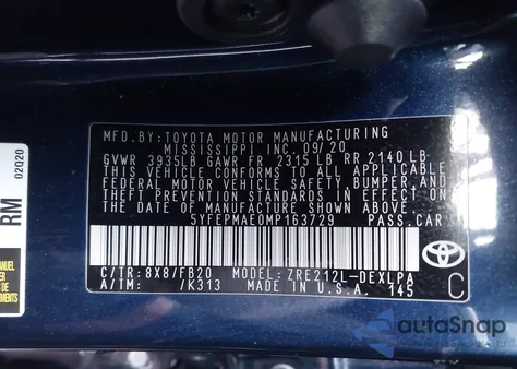 2021 Toyota Corolla Le из США, поврежденный, VIN 5YFEPMAE0MP163729